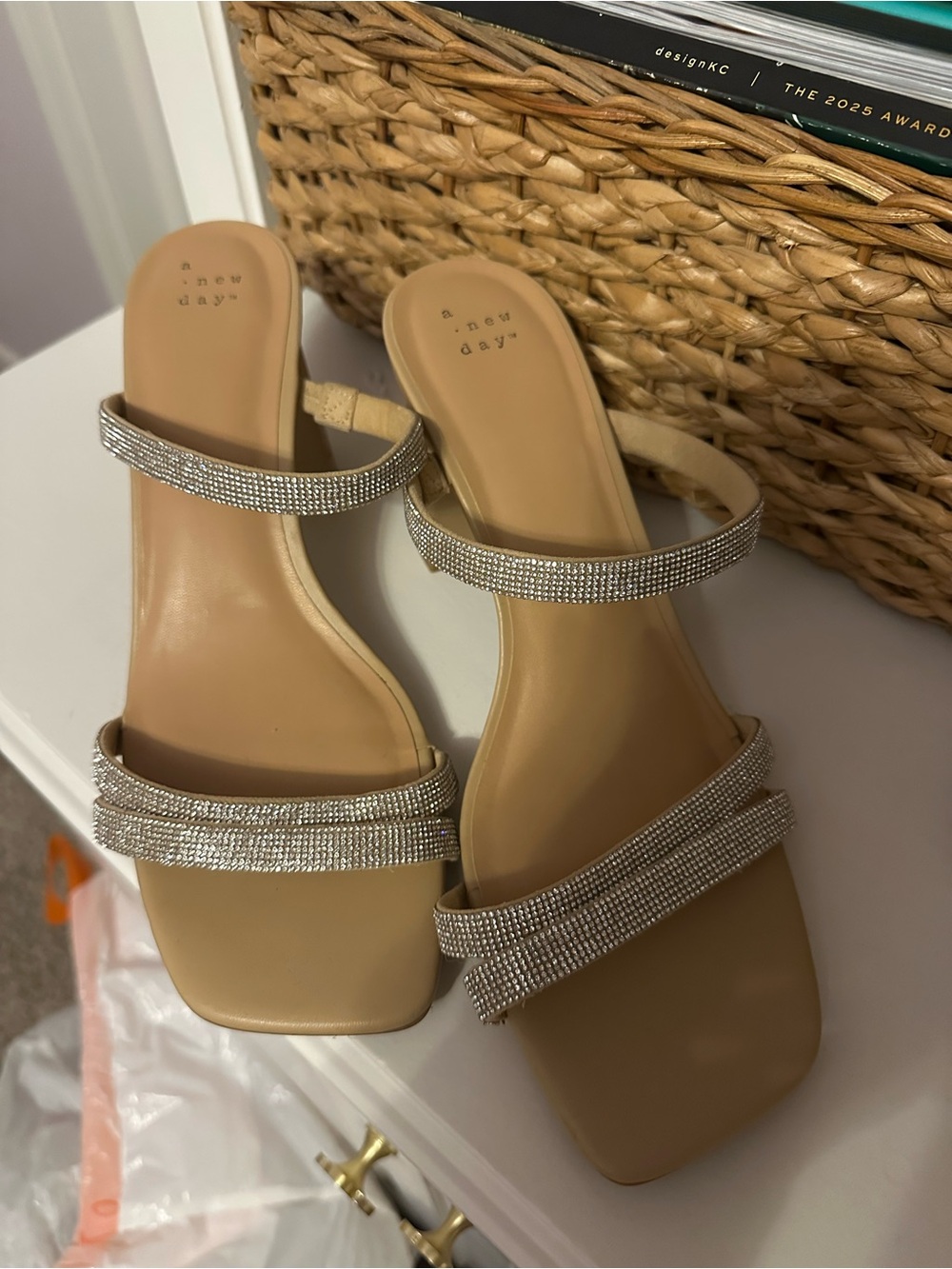 a new day Tan Rhinestone Double-Strap Slide Sandals